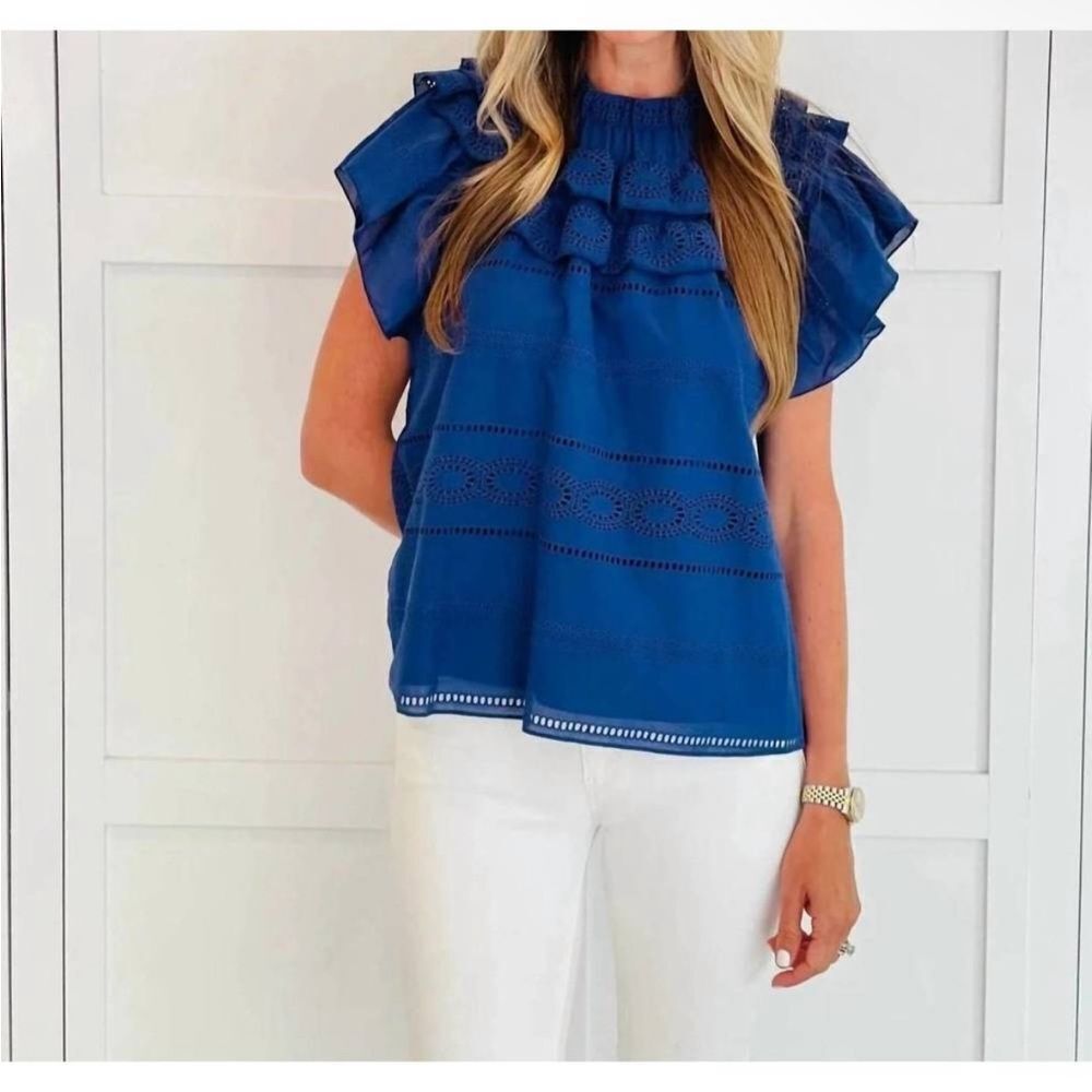 WILLA STORY | NEW Blue High Neck Ruffle Detail Top Women’s Size X-Small